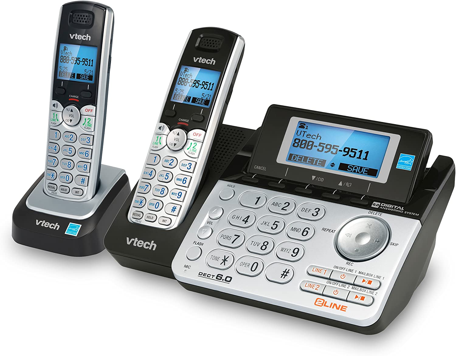 VTech DS6151-2 2 Handset 2-Line Cordless Phone System for Home or Small Business with Digital Answering System & Mailbox on Each line, Silver VTech DS6151-2 2 Handset 2-Line Cordless Phone System for Home or Small Business with Digital Answering System & Mailbox on Each line, Silver